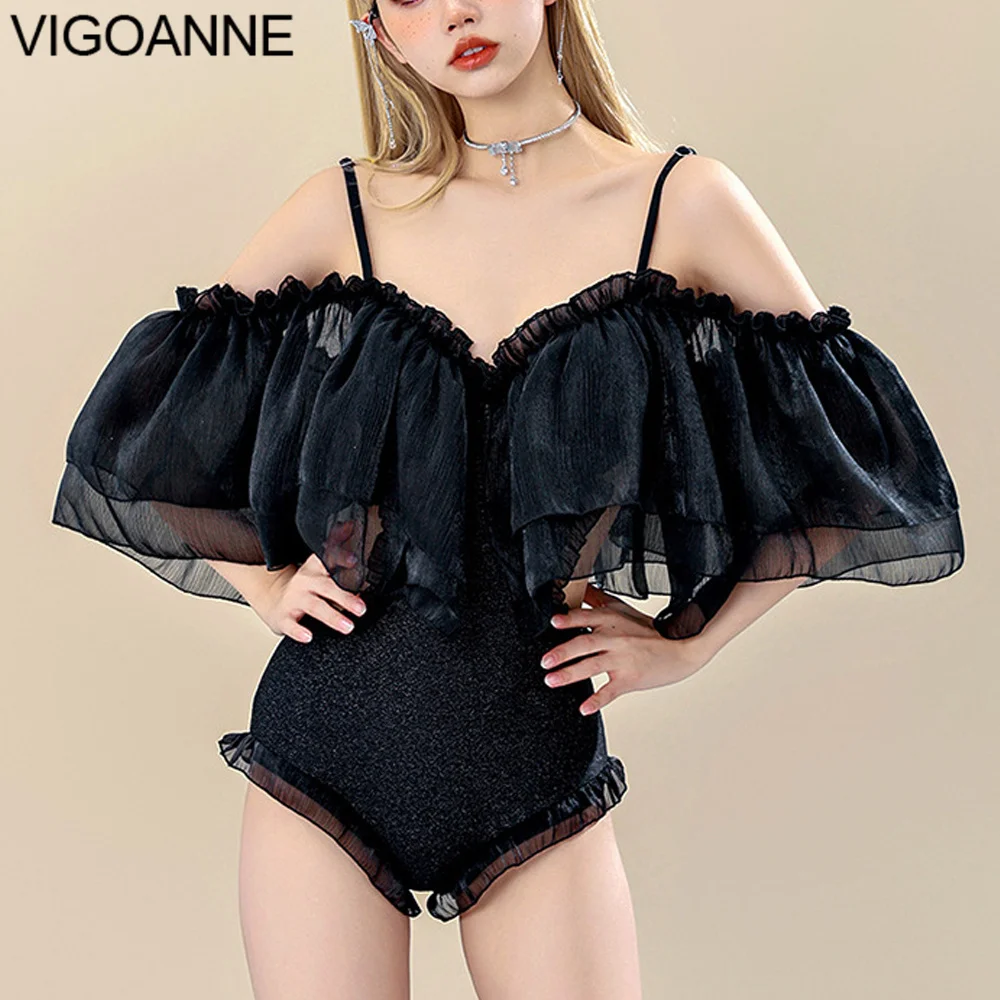 VigoAnne Solid Strapped Swimwear Women 2024 Sexy Mesh Verge One Piece Swimsuit Korean Closed Monokini Push UP Beach Bathing Suit