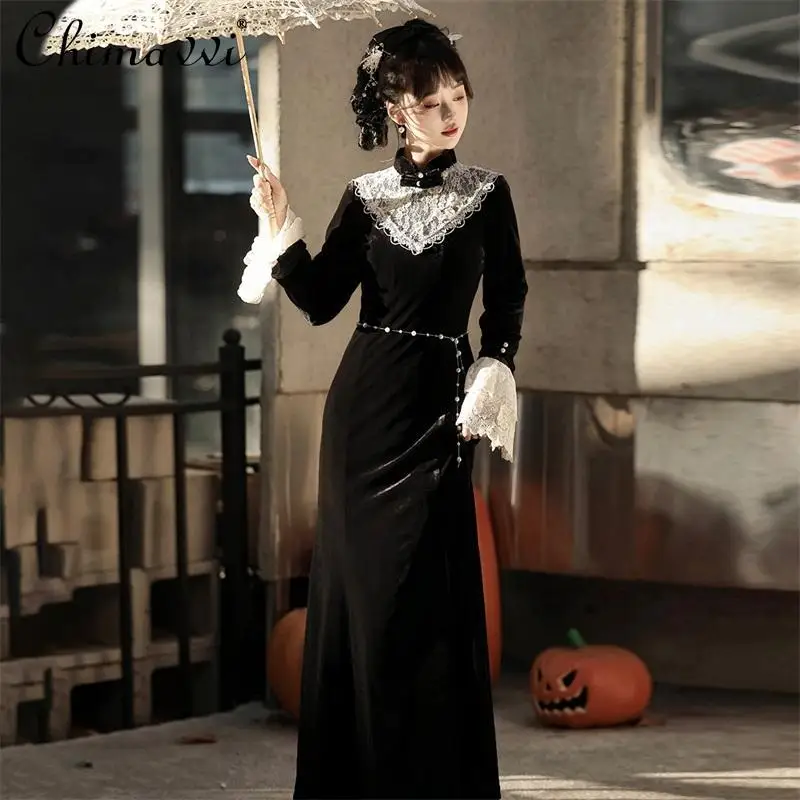 

Retro Court Style Black Velvet Dress Women's Spring and Autumn New Chinese Lace Splicing Long Sleeve High Waist Elegant Dresses