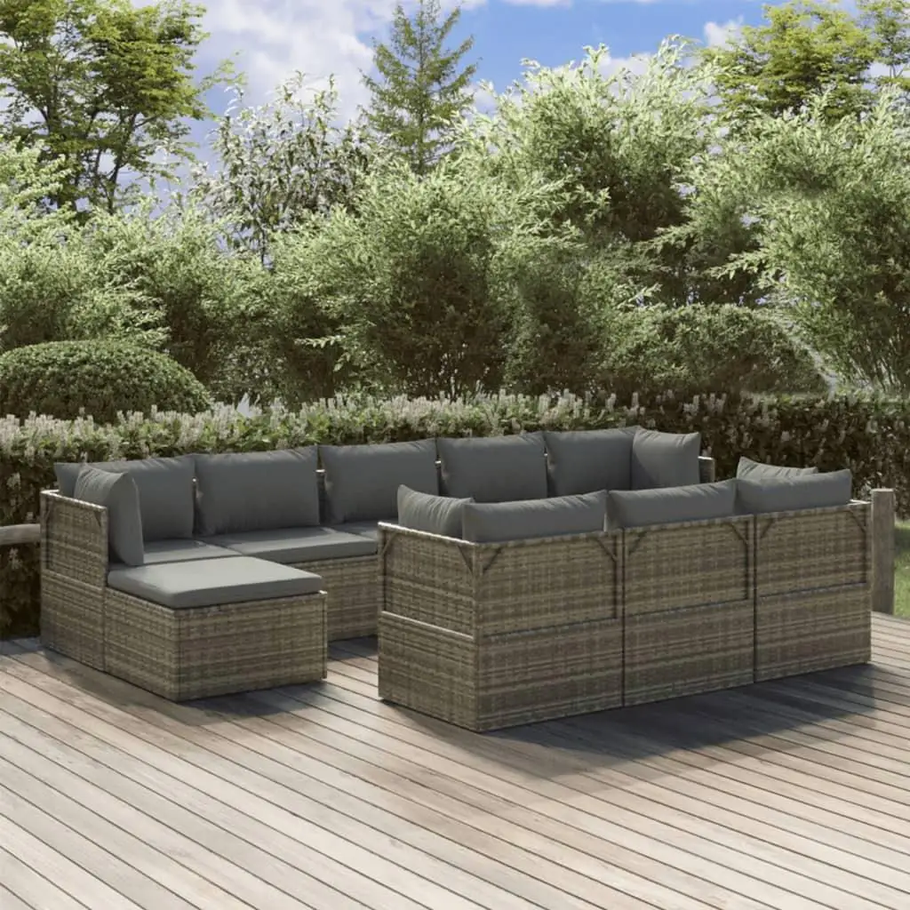 10-Piece Gray Poly Rattan Patio Lounge Set with Cushions - Outdoor Furniture