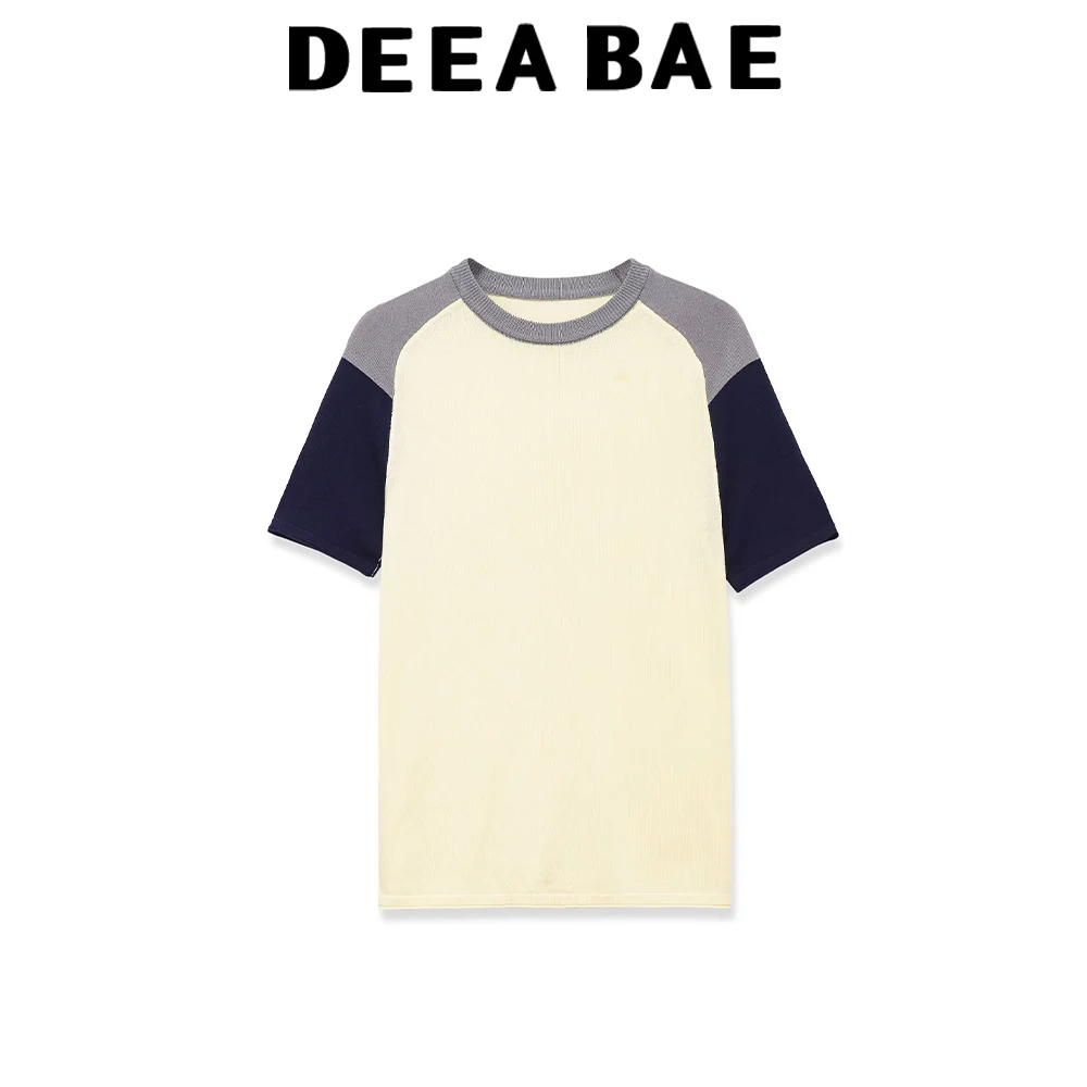 DEEABAE Sommer-Neuheit für Damen, farblich abgesetzt, Rundhalsausschnitt, schmale Passform, kurzärmeliger Strickpullover, lässiges, vielseitiges T-Shirt-Oberteil