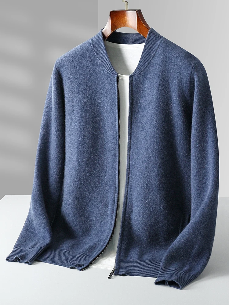 Men's 100% Merino Wool Sweater Thick Warm Zip Cardigan Jacket Autumn Winter New Mock Neck Cashmere Coat Knitted Long Sleeve Tops