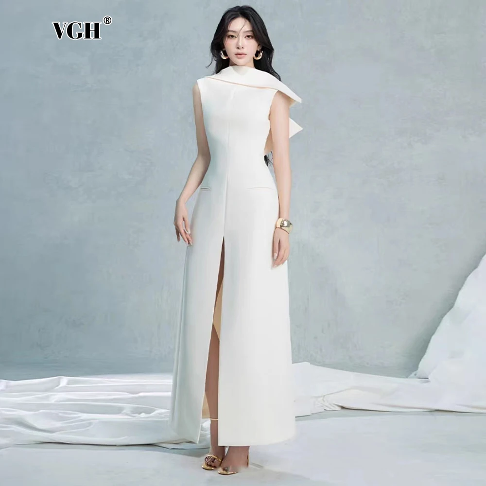

VGH Designer Slimming Solid Long Dresses For Women Lapel Sleeveless Backless High Waist Temperament Dress Female Fashion Style