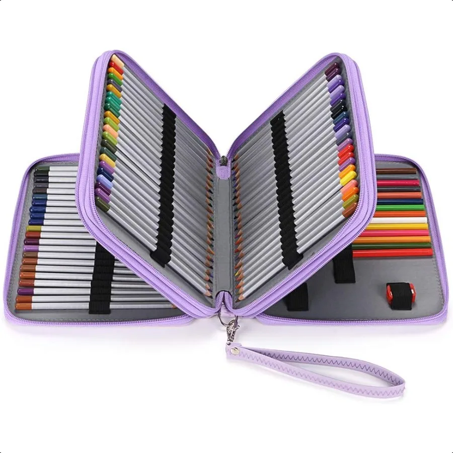 

Роскошный пенал из искусственной кожи для цветных карандашей, 120 слотов, держатель для карандашей с ручкой, удобный цветной пенал, большой фиолетовый