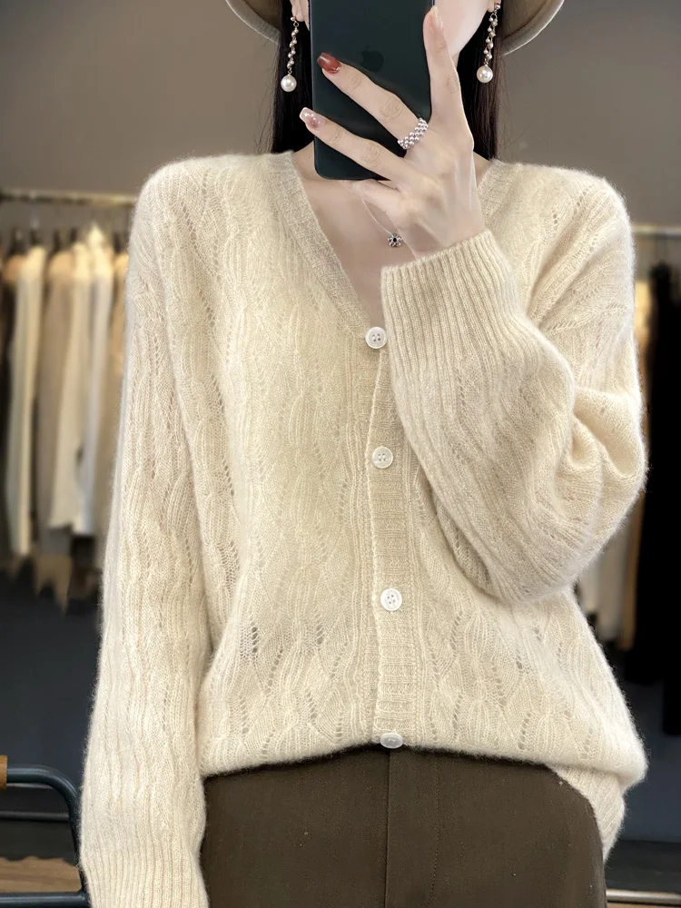 2024 Spring Summer Women Cardigan 100% Merino Wool Long Sleeve Knitted Sweater Fashion Casual Lady Coat V-Neck Loose Women Shirt