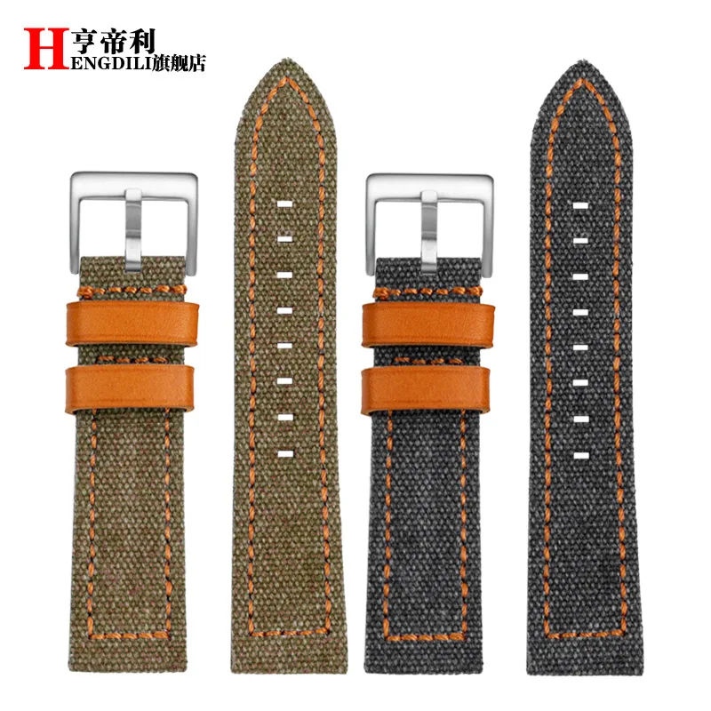 22mm 24mm For Panerai Breitling Hamilton fossil JEEP Black Green Brown canvas Cow leather watch strap Thick Material watchband