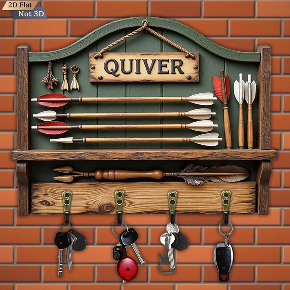 2D Flat, 1pc, Vintage Wooden Quiver-Shaped Key Hook, Multifunctional Wooden Home Key Hook with Four Metal Hooks, Wall