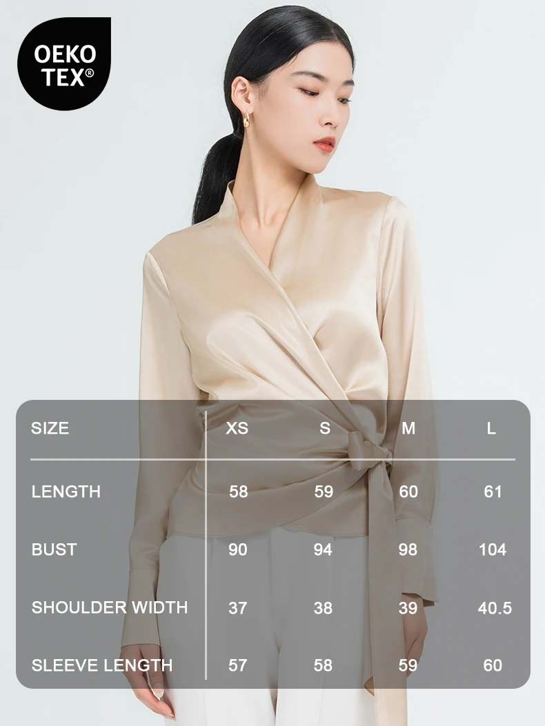 ผ้าไหมหม่อนเสื้อและเสื้อห่อและ Tie Elegant ผู้หญิงเสื้อคอวีแขนยาว 22 มม.Charmeuse ผ้าไหมเสื้อ
