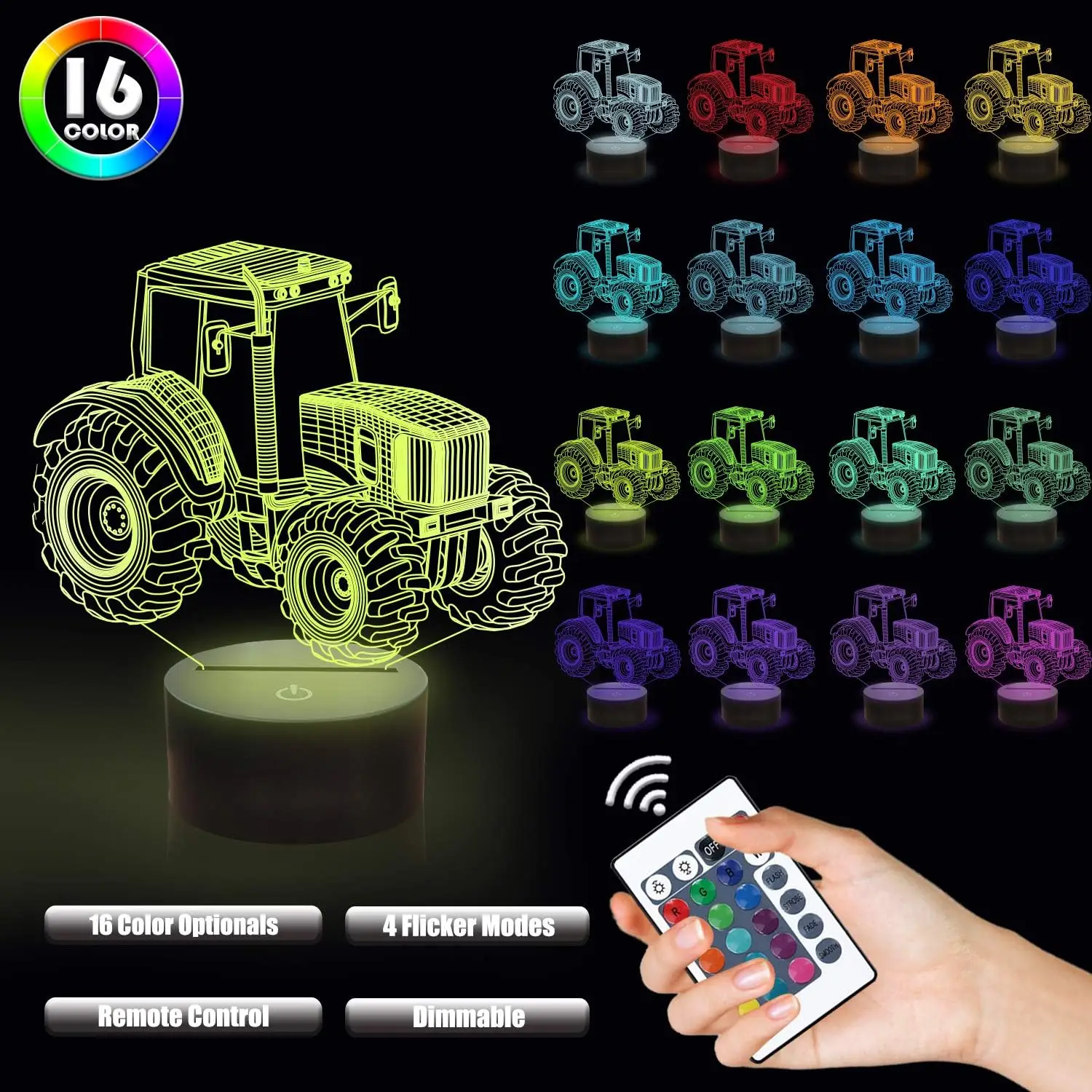 Tractor Car 3D Night Light Adolescent Room Decoration 3D Illusion Lamp Bedroom Table Lamp for Boys Kids Baby Christmas Gift