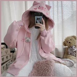 Kawaii Hoodies Cute Pig Women Winter Fashion Pink Hoodies Oversized Japanese Style Long Sleeve y2k Tops Velvet Sweatshirt Women