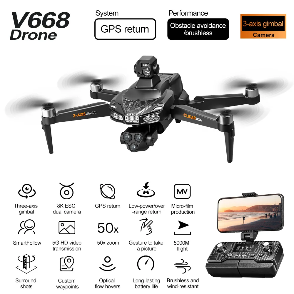 2025 V668 GPS Drone 5KM 8K Professional HD Dual Camera 3-Axis Gimbal Brushless Laser Obstacle Avoidance FPV Dron RC Quadcopter