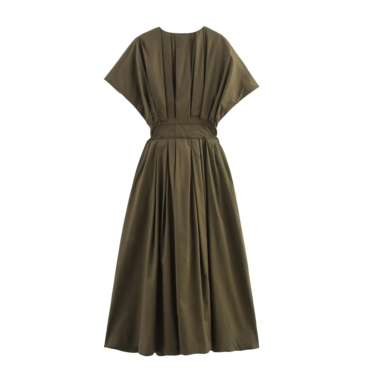 MYST&ZA2025 new summer women's casual fashion pleated drop shoulder short sleeve V-neck midi long dress image 2