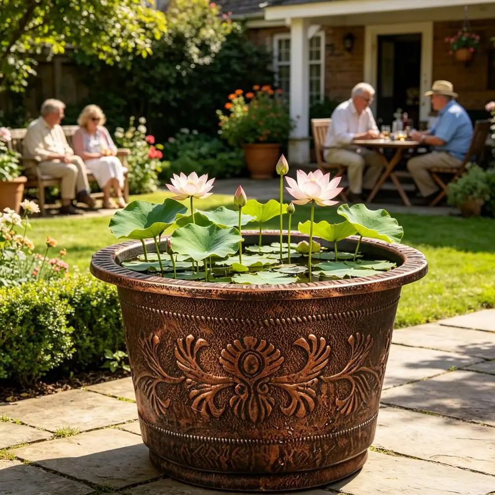 Flower Pot Thickened Resin Decorative Planter with Drainage Holes Large Capacity Bronze Embossed Outdoor Garden Flower Pot