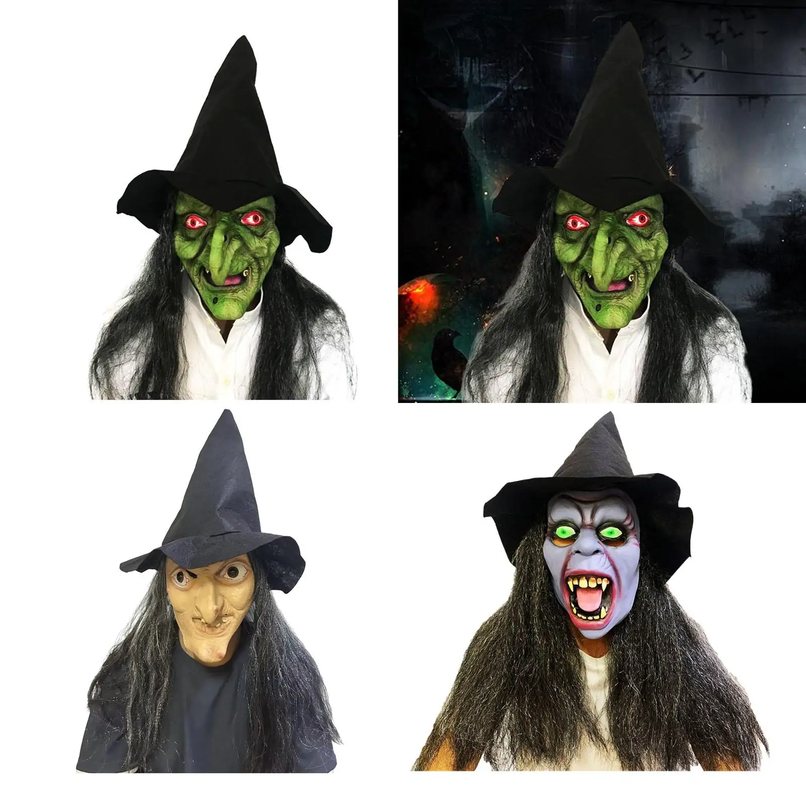 Halloween Latex Witch Mask Prop Soft Stretchy for Stage Performance Multifunctional Accessory with Hair and Hat Cosplay Costume