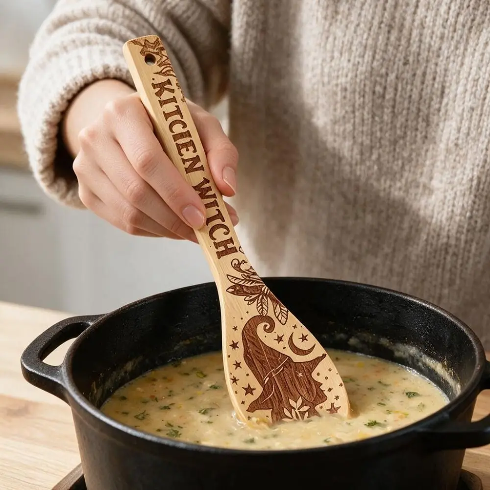Wooden Halloween Witch Stirring Spoon Broom Witch Cauldron Design Large Size Halloween Witchy Decorative Spoon Laser Engraved