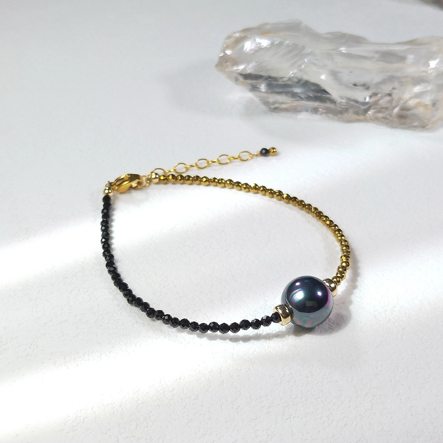 Lii Ji Natural Stone  Black Spinel Hematite With Shell Pearl American 14K Gold Filled Bracelet