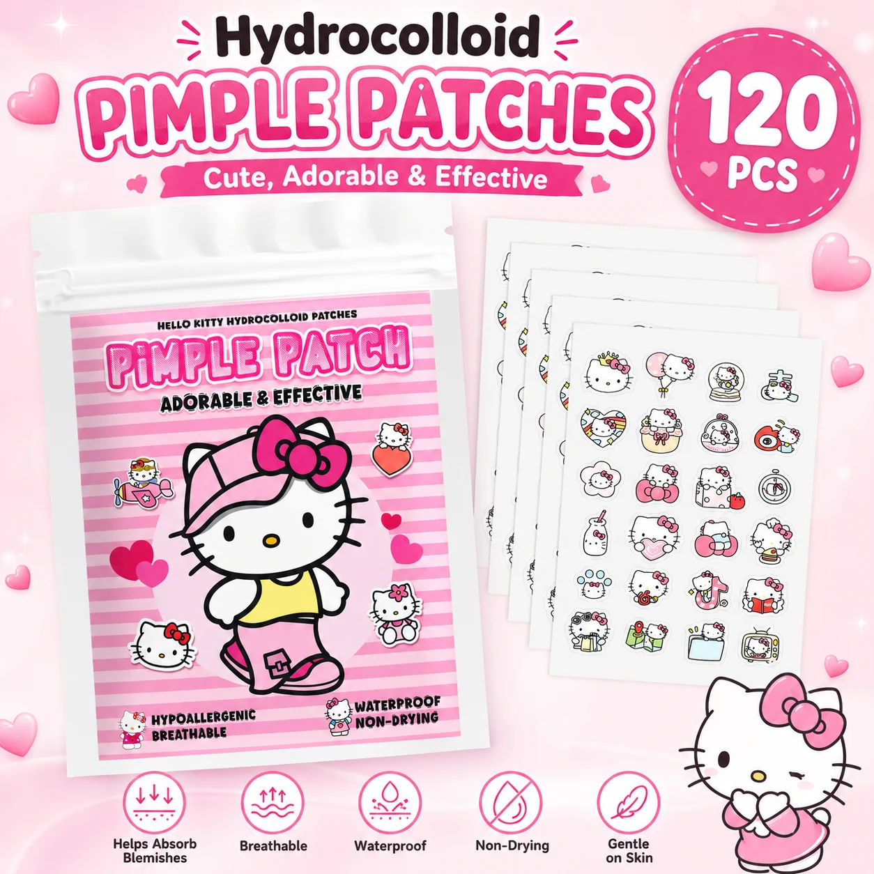 120PCS hello kitty Acne patches, facial acne patches, hydrogel acne removal patches, concealer