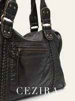 Vintage Washed PU Leather Large Capacity Tote Zip Pockets Braid Decor Shoulder Cross body Bag Unisex Women Daily Travel Handbag - Image 3