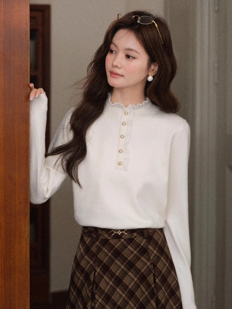 ALXNAN Abrikoos Trui Herfst Winter Parel Knoppen Stand Kraag Kant Patchwork Truien Slanke Gelaagdheid Gebreide Trui L59010