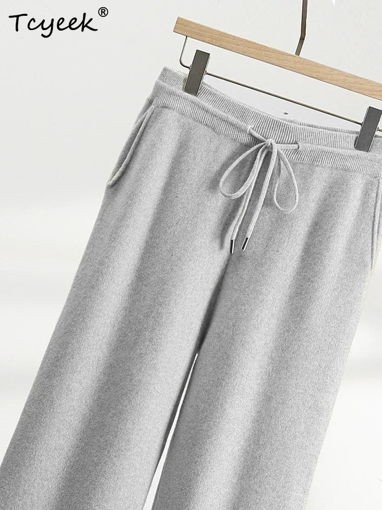 Classic Men's Pants Autumn Winter Straight Pants 100% Cashmere Trousers Wide Leg Thicked Warm Casual Knit Elastic Waist Lace-up