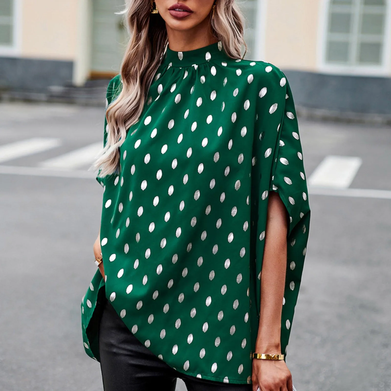 بلوزة نسائية فضفاضة منقطة مطبوعة ، بلوفر بأكمام خفاش ، دانتيل خلفي ، ياقة قائمة صغيرة ، قمصان مطوية ، كاجوال ، جديد