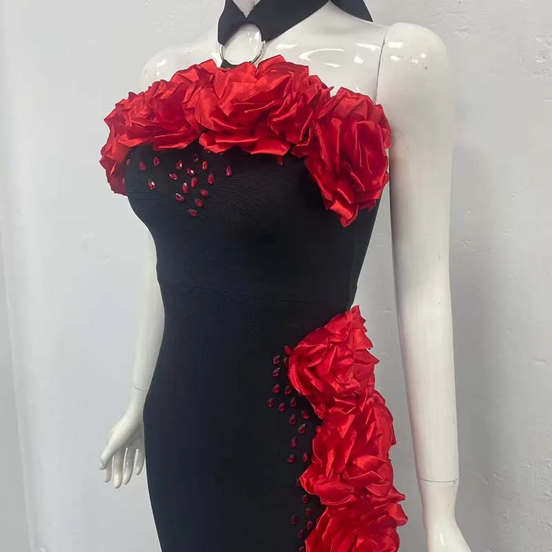 Nuevo vestido largo Bandage con flores de diamante blanco y negro de un hombro para mujer, vestidos elegantes de fiesta de noche para celebridades y cumpleaños de lujo