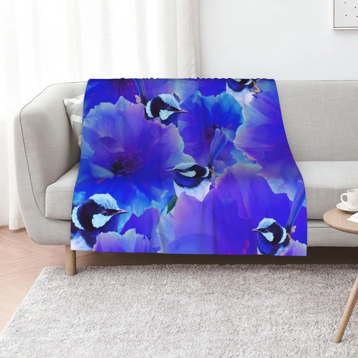 Bluetiful - Spot the Wren - Blossom Floral & Blue Wren Behind Black Throw Blanket Moving Beach Travel Sofas Blankets