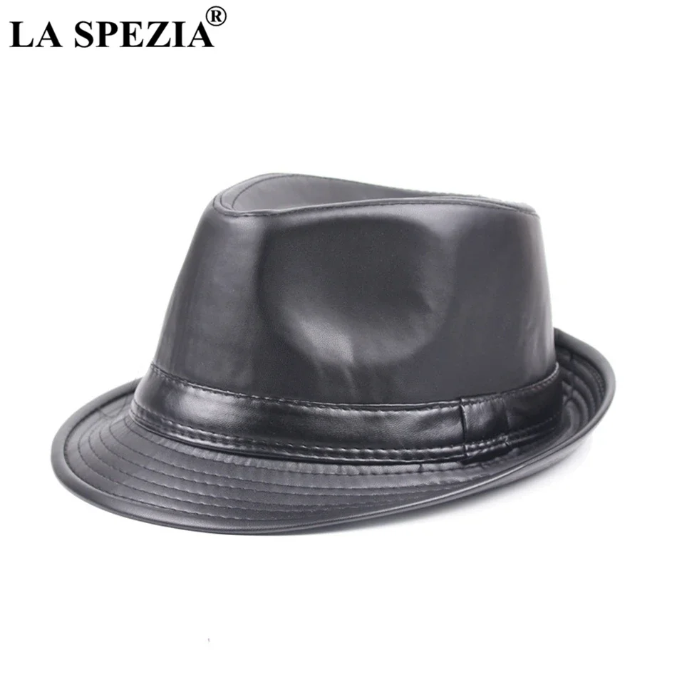 LA SPEZIA Pu Leather Fedora Hat Men Black Casual Jazz Caps Winter Vintage Trilby Hat Gentleman Classic Panama Cap Male