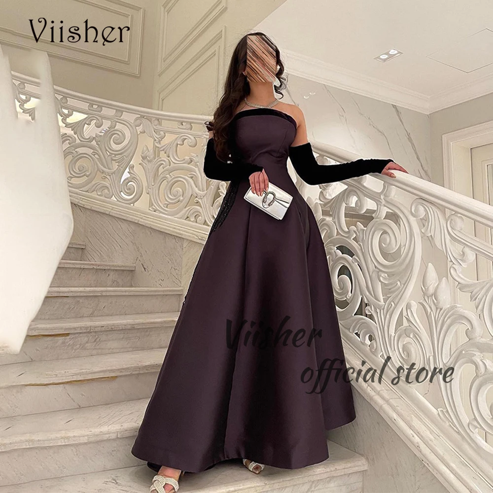 Deep Purple A Line Evening Dresses Beaded Satin Strapless Arabian Dubai Prom Party Dress Floor Length Formal Occasion Gowns