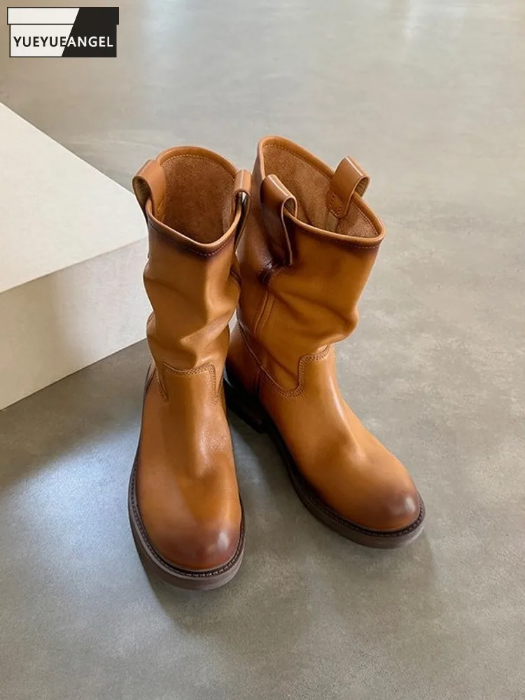 Winter Fashion Ladies Solid Color Comfortable Round Toe Split Leather Knight Boots Casual Women Slip On Height Increase Shoes