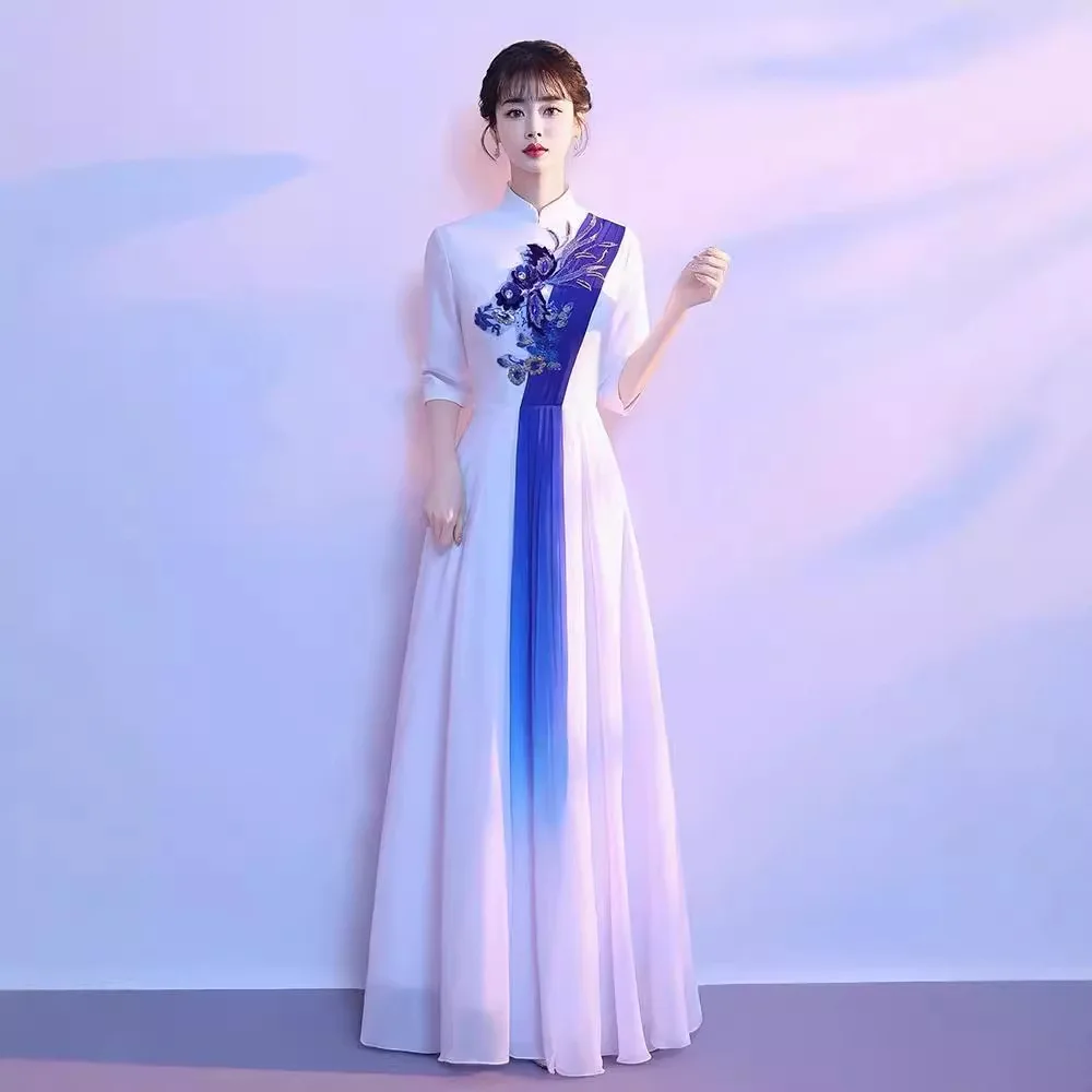 

New Chinese Style Cheongsam Chorus Performance Costume White Vestidos Mandarin Collar Dress Evening Party Elegant Novelty Qipao