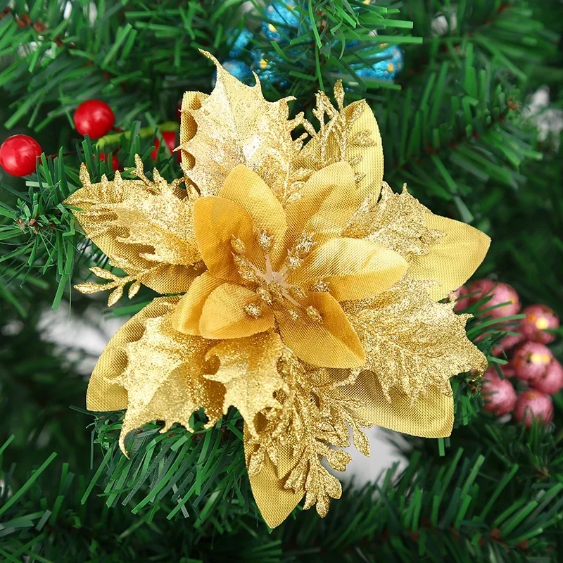 Glitter Artifical Christmas Flowers Christmas Tree Decorations for Home Fake Flowers Xmas Ornaments New Year Decor Home Decor