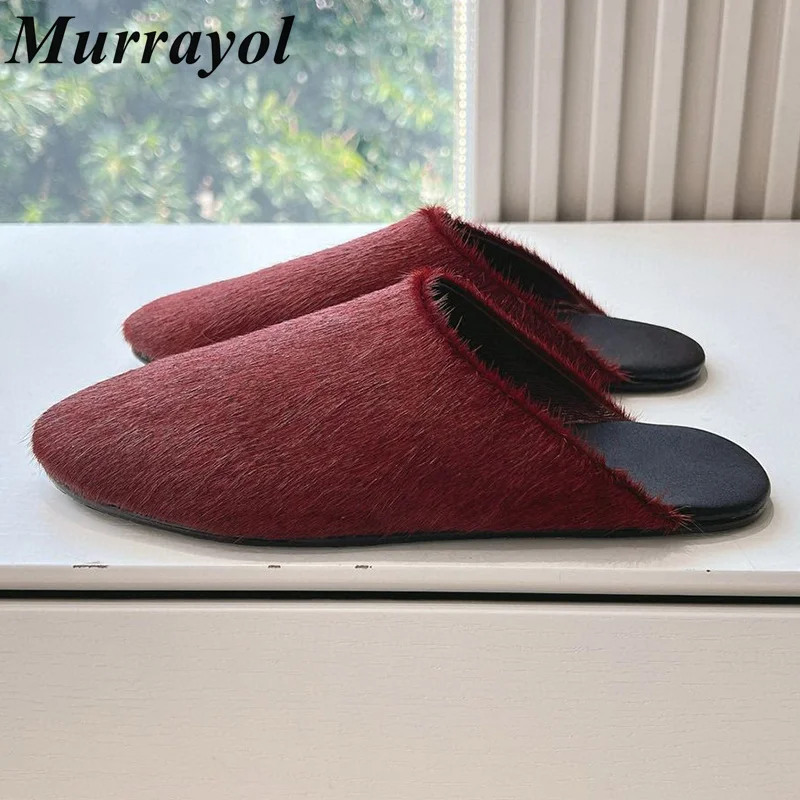 

New Closed Toe Versatile Flat Heels Mules Women's Candy Color Fur Slippers Autumn Winter Warm Outwear Fashion Lazy Slippers