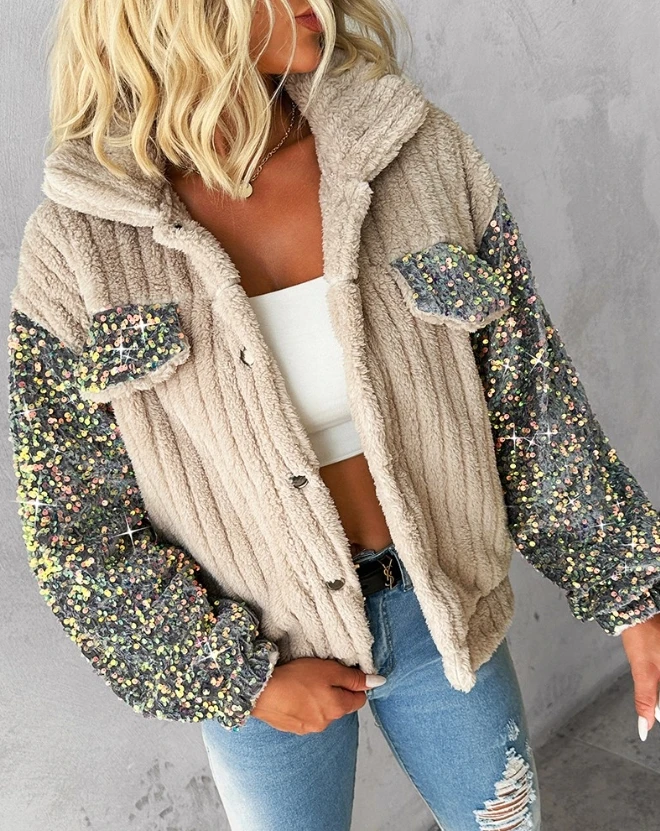 Women's Urban Thick Short Coat 2025 Autumn winter Latest Turn down Collar Sequin Patch Teddy Jacket Cardigan Pocket Long Sleeve