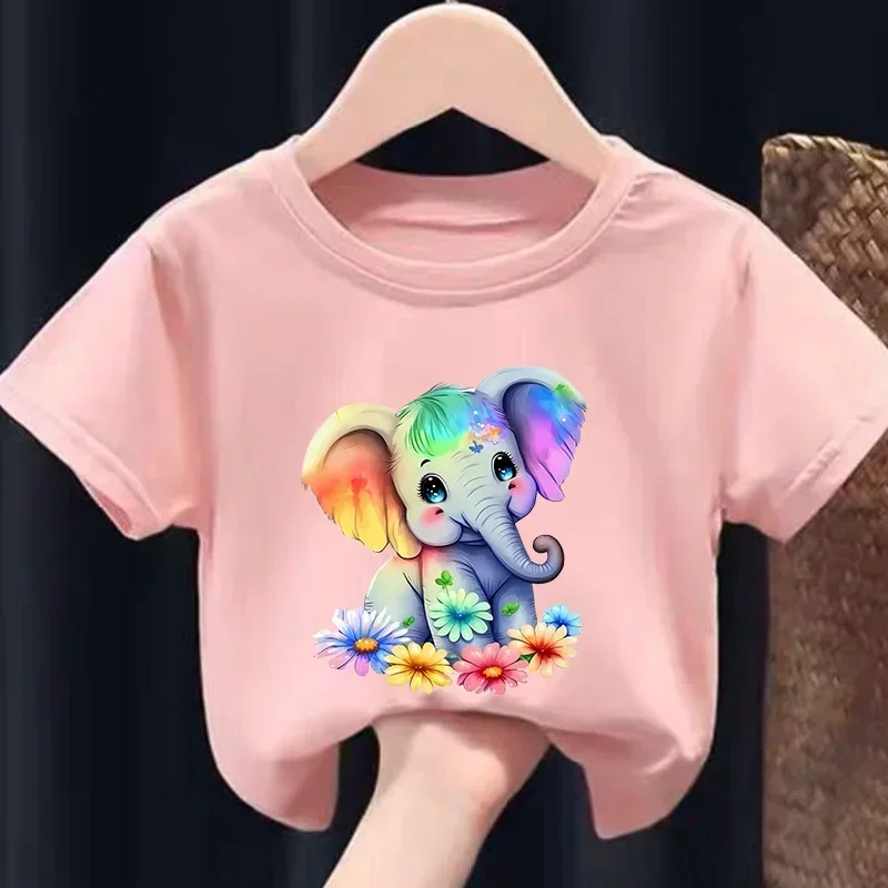 Children's Summer Children's Short Sleeve T-shirt Hipster Elephant Print Girls Clothes  Kids Clothes