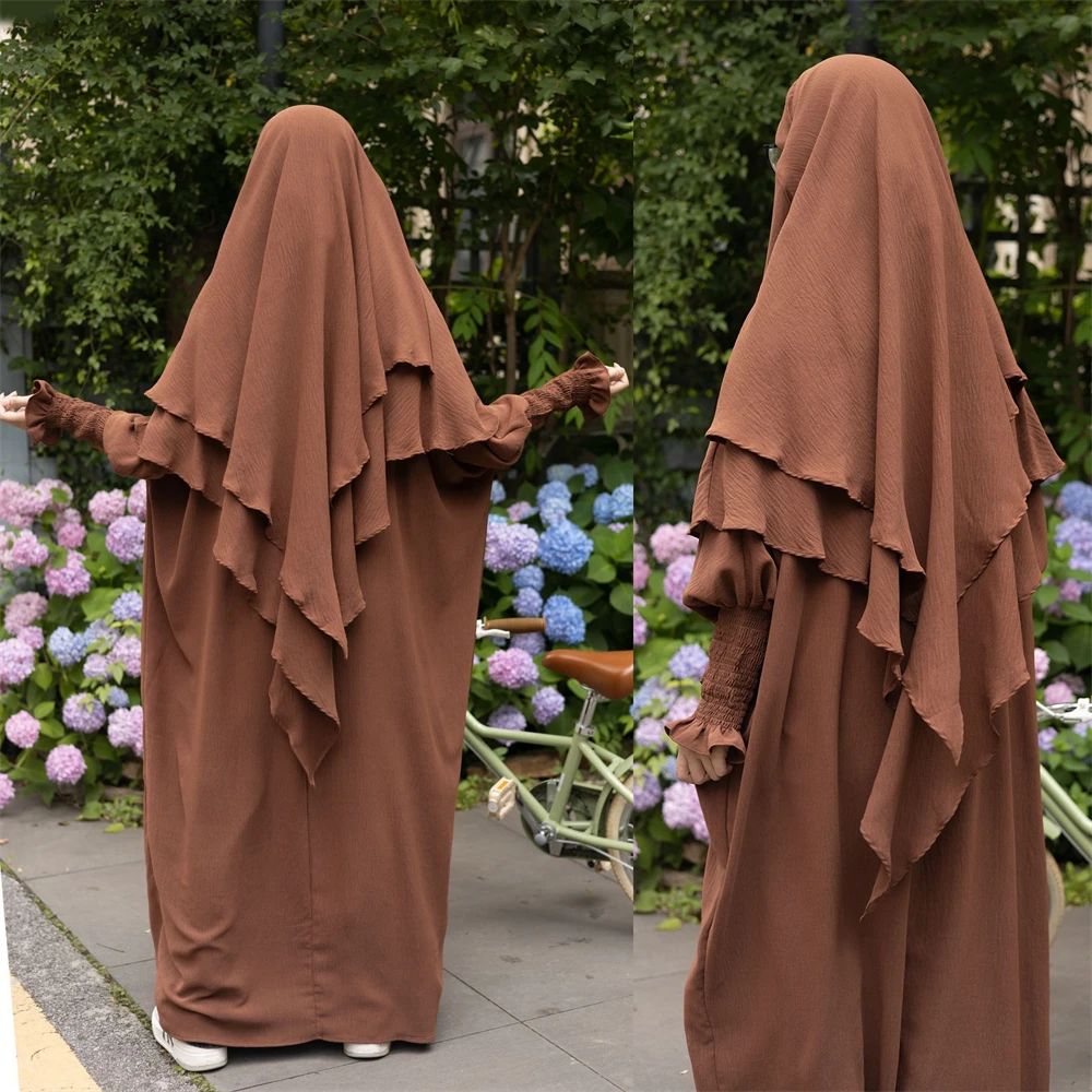 

Eid с капюшоном Abaya мусульманская женская длинная хиджаб 2 слоя хиджаб комплект из 2 частей молитвенная одежда женское платье Паранджа Рамадан