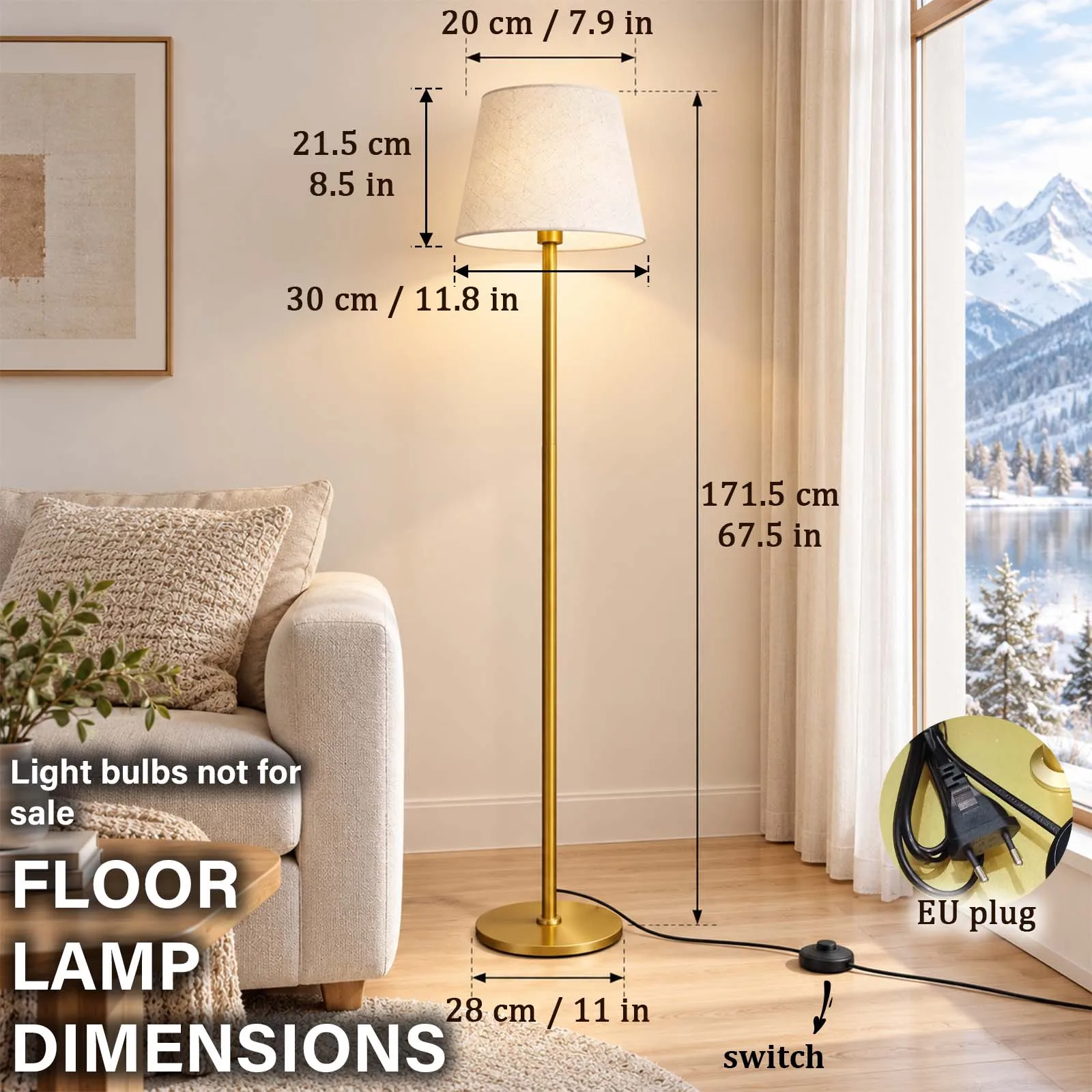 Gold Nordic Floor Lamp with Khaki Fabric Shade and Standard E27 Socket with Foot Switch and Straight Plug for Living Room