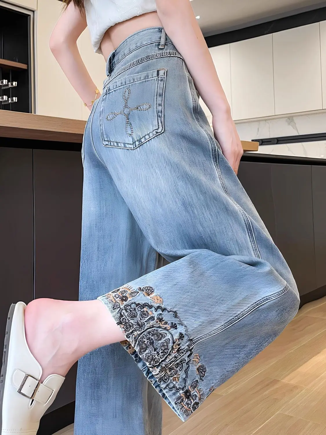 

Широкие джинсы с вышивкой для женщин, летние тонкие свободные укороченные брюки, джинсовая одежда Y2k, уличная одежда с высокой талией 2000-х годов, мешковатая женщина