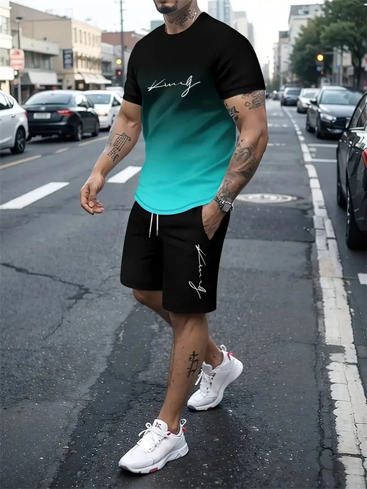 2024 New Summer Street Men\'s Suit Sportswear Men\'s Oversized Clothing 3D Print T-Shirt Shorts Men\'s Simple Clothing Fashion Suit