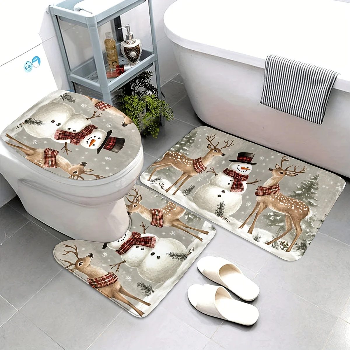 

3pcs Christmas Snowman and Deer Pattern Bathroom Mat Set. Made of high-quality flannel, it is non-slip and washable. The set inc