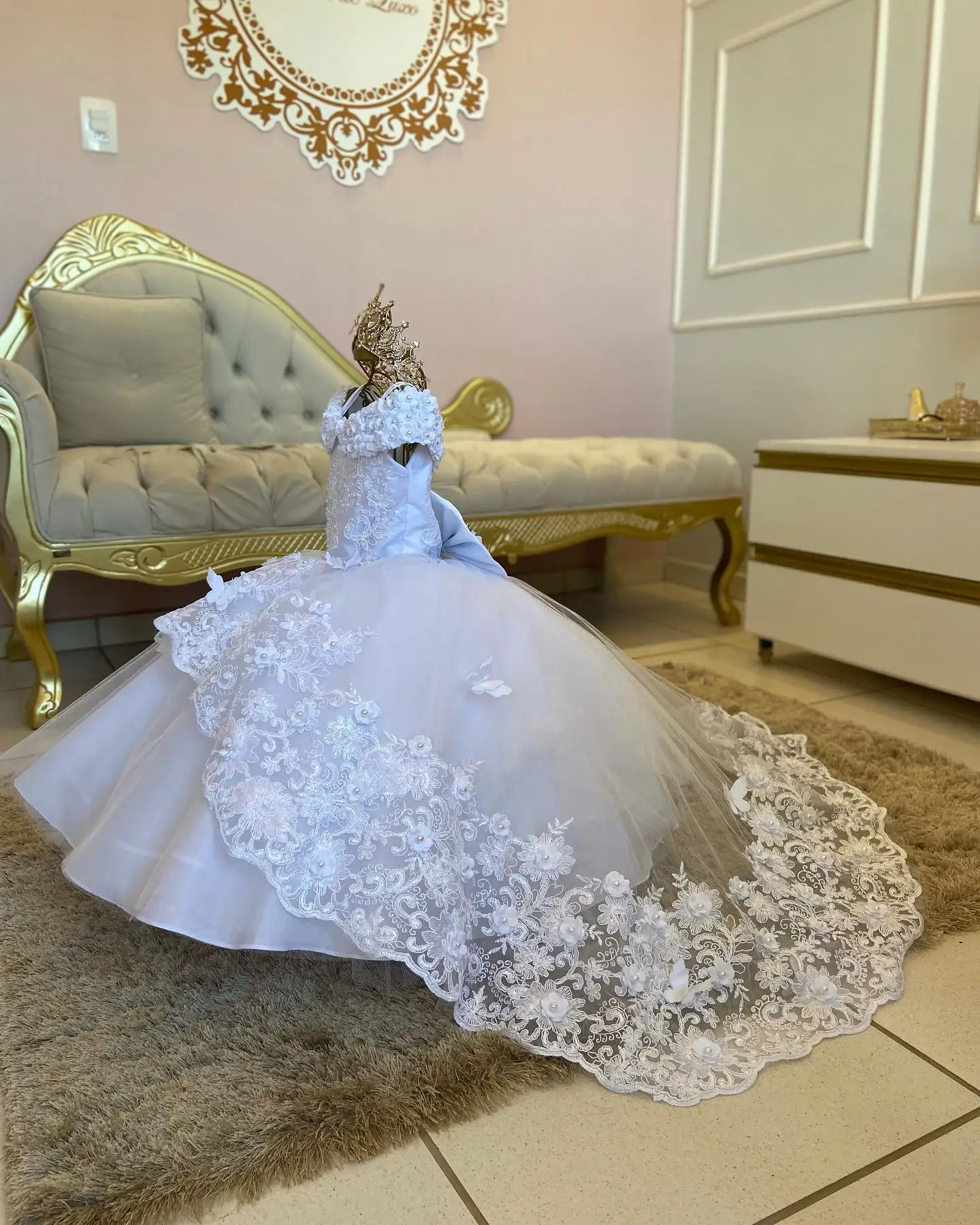 Robe de demoiselle d'honneur avec perles blanches pour mariage, princesse gonflée, fête d'anniversaire, tulle perlé, robe de première communion de Noël