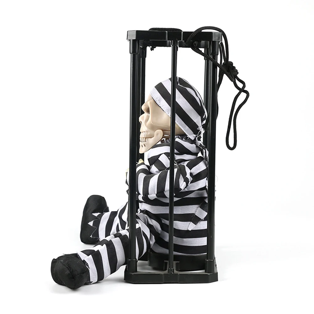 

Skeleton Prisoner Halloween Decoration Induction Skeleton Skull Death Prisoner Eyes Glowing Scary Screaming Cage