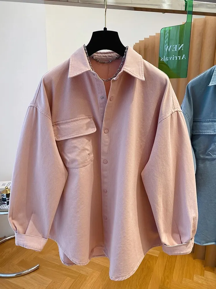 เสื้อคลุมยีนส์สีชมพูแบบเรียบง่ายสำหรับผู้หญิง ทรงหลวม ผ้าฝ้าย แขนยาว กันลม แฟชั่น ฤดูใบไม้ผลิ ฤดูใบไม้ร่วง สินค้ามาใหม่