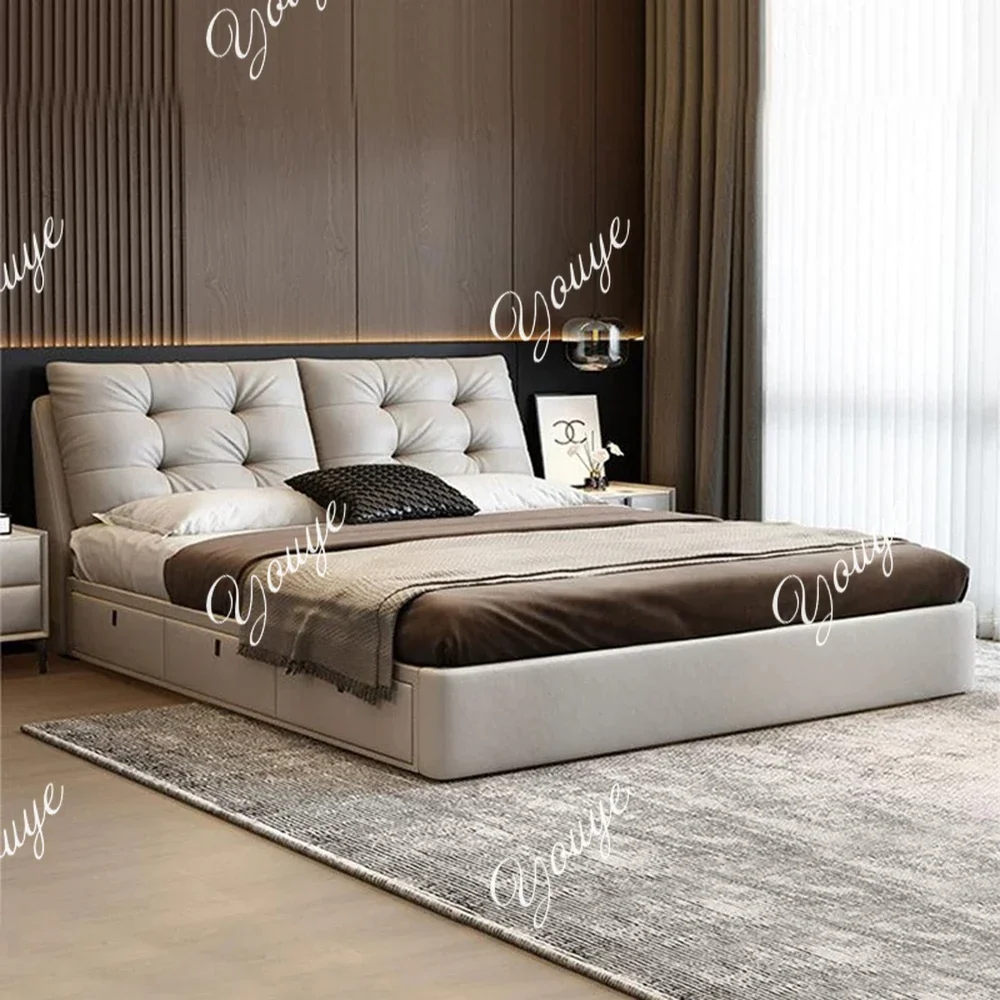 N63Genuine Leather Bed Modern Simple Apartment Luxury Double Bed 1.8 Meters High-end Atmospheric Master Bedroom Queen Size Bed