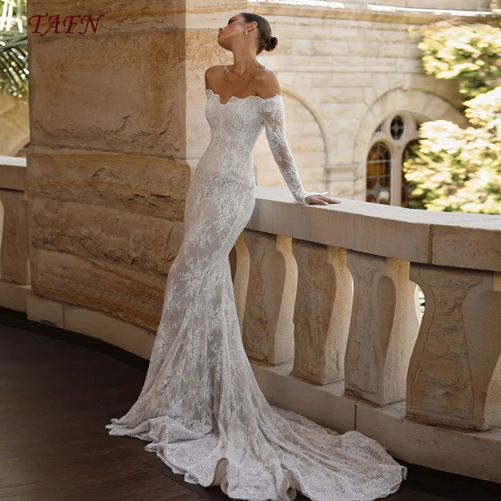 TAFN Abiti da sposa a sirena in pizzo di lusso con spalle scoperte maniche lunghe corte strascico abito da sposa abiti personalizzati novias personalizzati