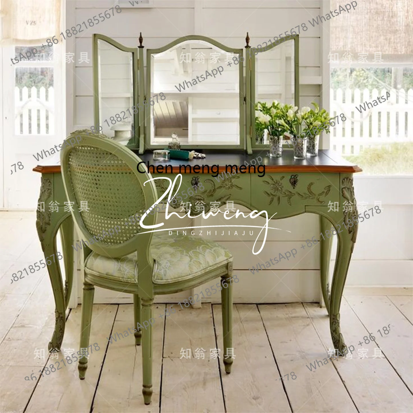 

French retro carved solid wood dressing table 1.2 meters makeup table master bedroom makeup table with makeup mirror