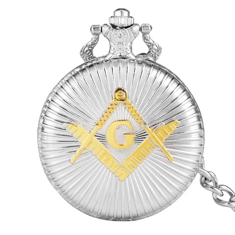 Vintage Silver Freemason Masonic G Full Hunter Quartz Pocket Watch for Men Women Arabic Numeral Pendant Chain Clock Reloj