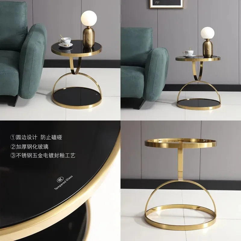 Modern Simple Stainless Steel Gold Rounded Corners Gold-Plated Tempered Glass Sofa Edge Light Luxury Leisure Coffee Table for