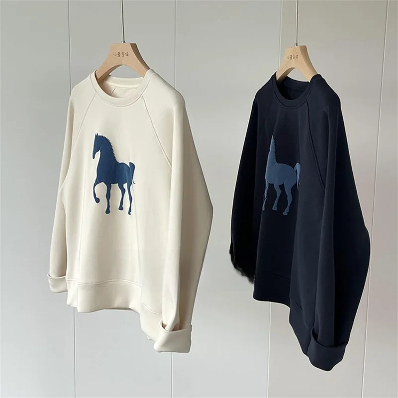 

Luxury Air Cotton Sweatshirt Women's Anti-Aging Foaming Print round Neck Loose Top Autumn Korean Style Long Sleeve Casual Wear