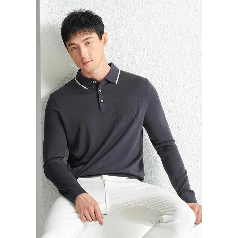 Men's Sheep Wool Polos 2023 Autumn Casual Lyocell Knit Clothes Long Sleeve Male Silk Wool Knitwear Turn Down Collar Sweaters