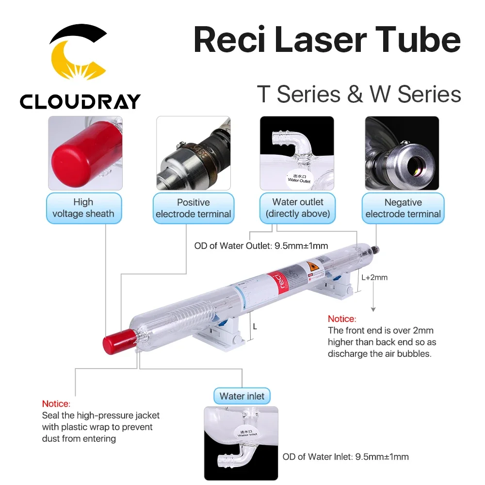 Cloudray Reci W2/T2 90W-100W CO2 Laser Tube Wooden Box Packing Dia. 80mm/65mm CO2 Laser Engraving Cutting Machine S2 Z2